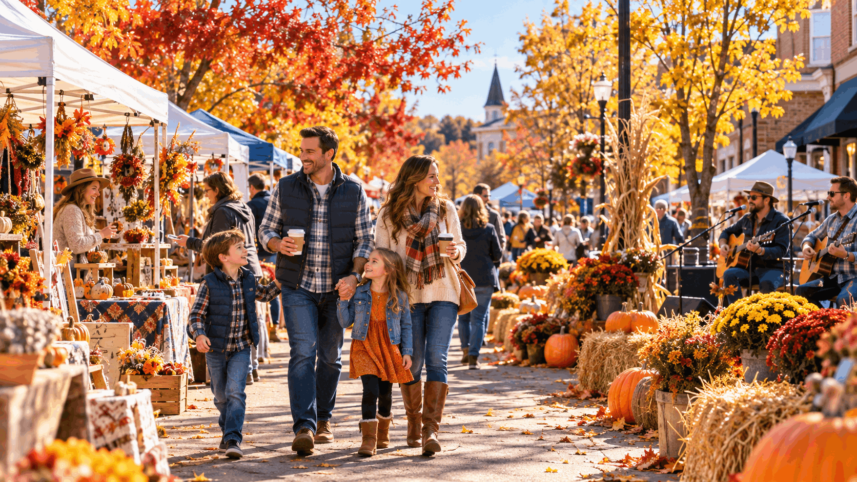 Family enjoying a free autumn street fair in Bergen County, NJ, featuring local craft vendors, live acoustic music, pumpkins, colorful fall foliage, and budget-friendly outdoor activities in North Jersey.