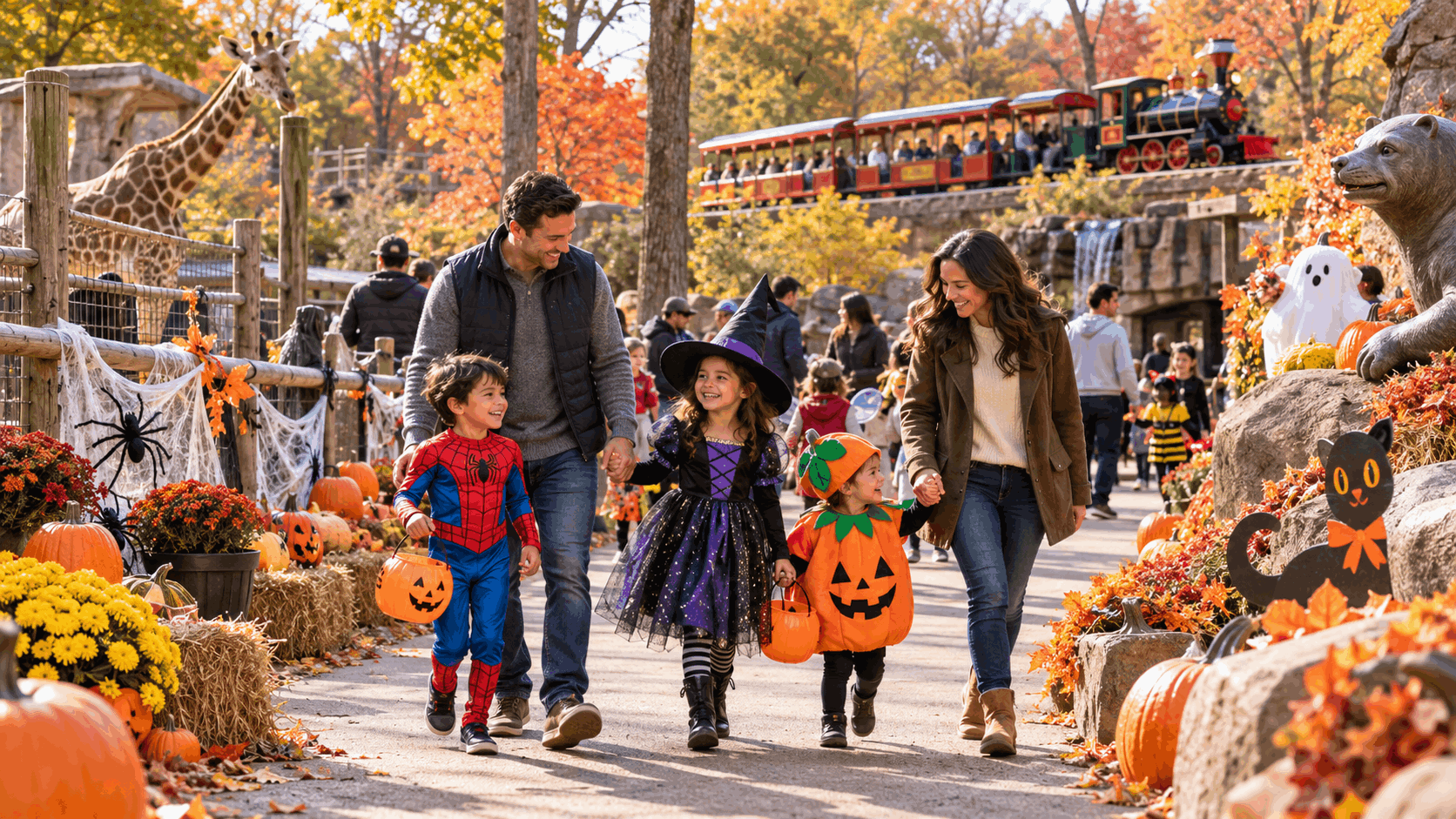 Families enjoying a Zoo Boo-inspired Halloween celebration at Bergen County Zoo in Van Saun Park, Paramus, NJ, featuring children in colorful costumes, pumpkins, festive decorations, autumn foliage, and a miniature zoo train.