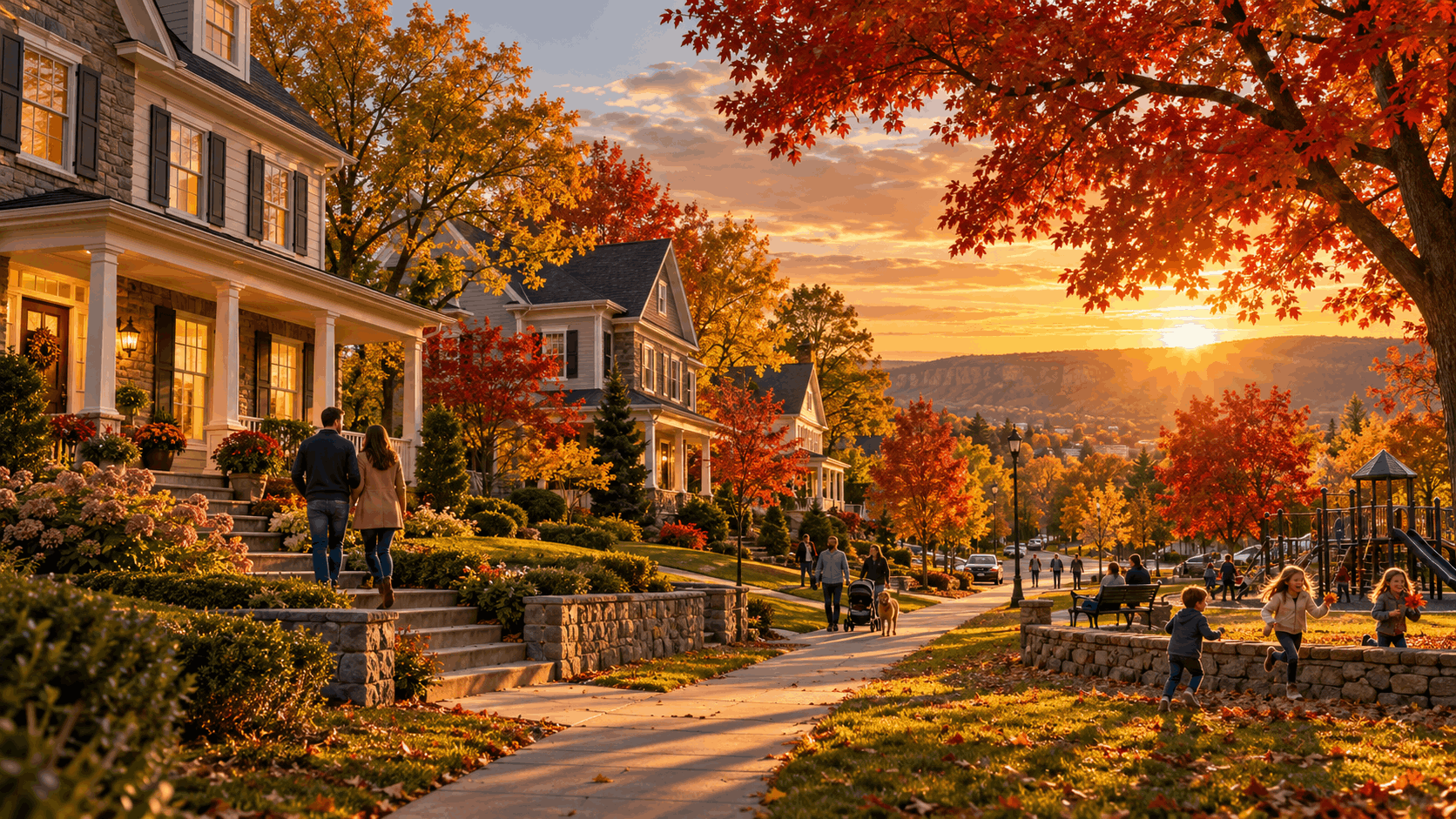 Families enjoying a warm autumn evening in a North Jersey neighborhood with tree-lined sidewalks, traditional homes, colorful fall foliage, children playing near a park, and a couple walking home at sunset.