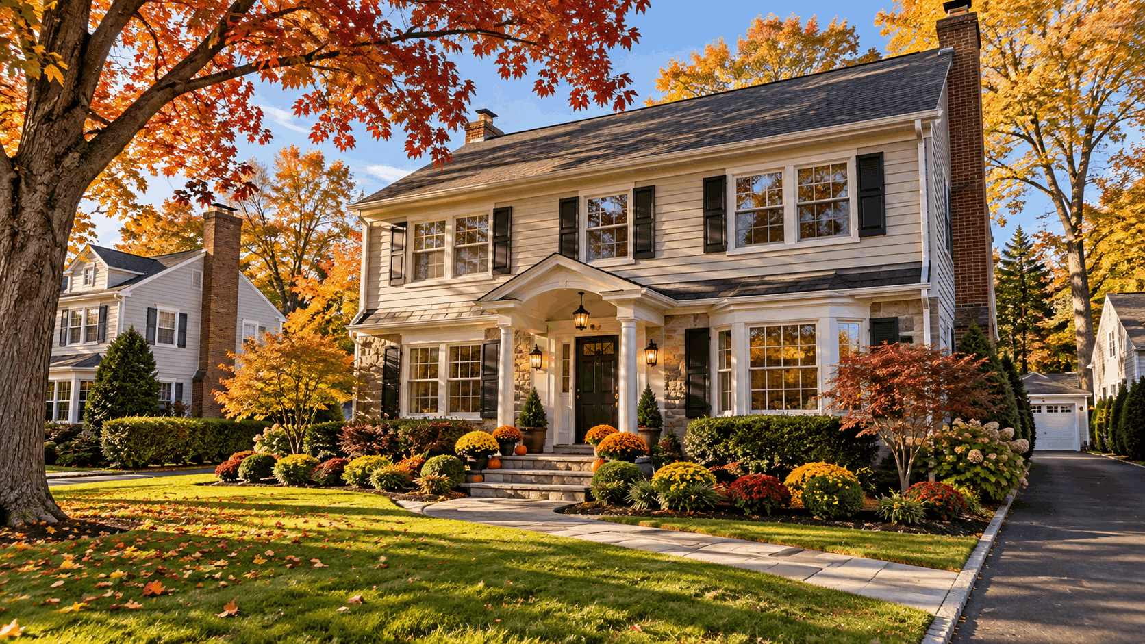 Beautiful colonial-style home in North Jersey featuring colorful autumn foliage, landscaped front yard, seasonal flowers, pumpkins, and classic suburban architecture typical of Clifton and Bergen County, NJ