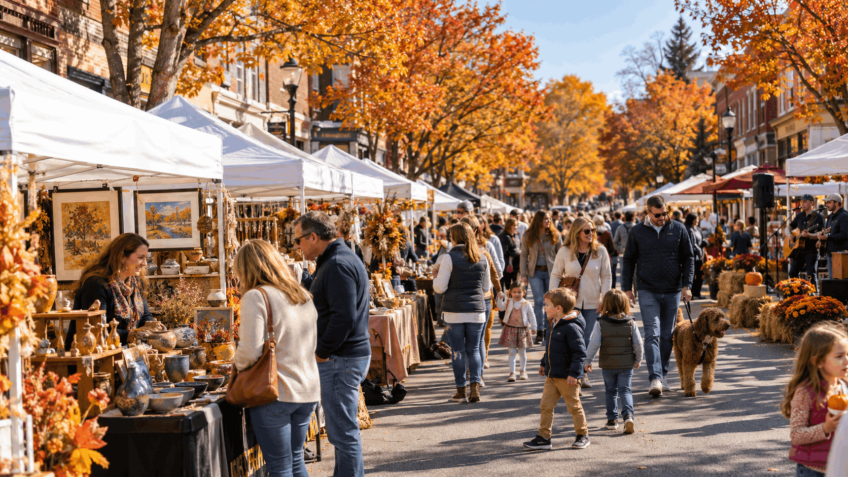Families and visitors enjoying a fall street fair in downtown Glen Rock, Bergen County, NJ, featuring local artisan vendors, handmade crafts, live music, and colorful autumn foliage along Rock Road.