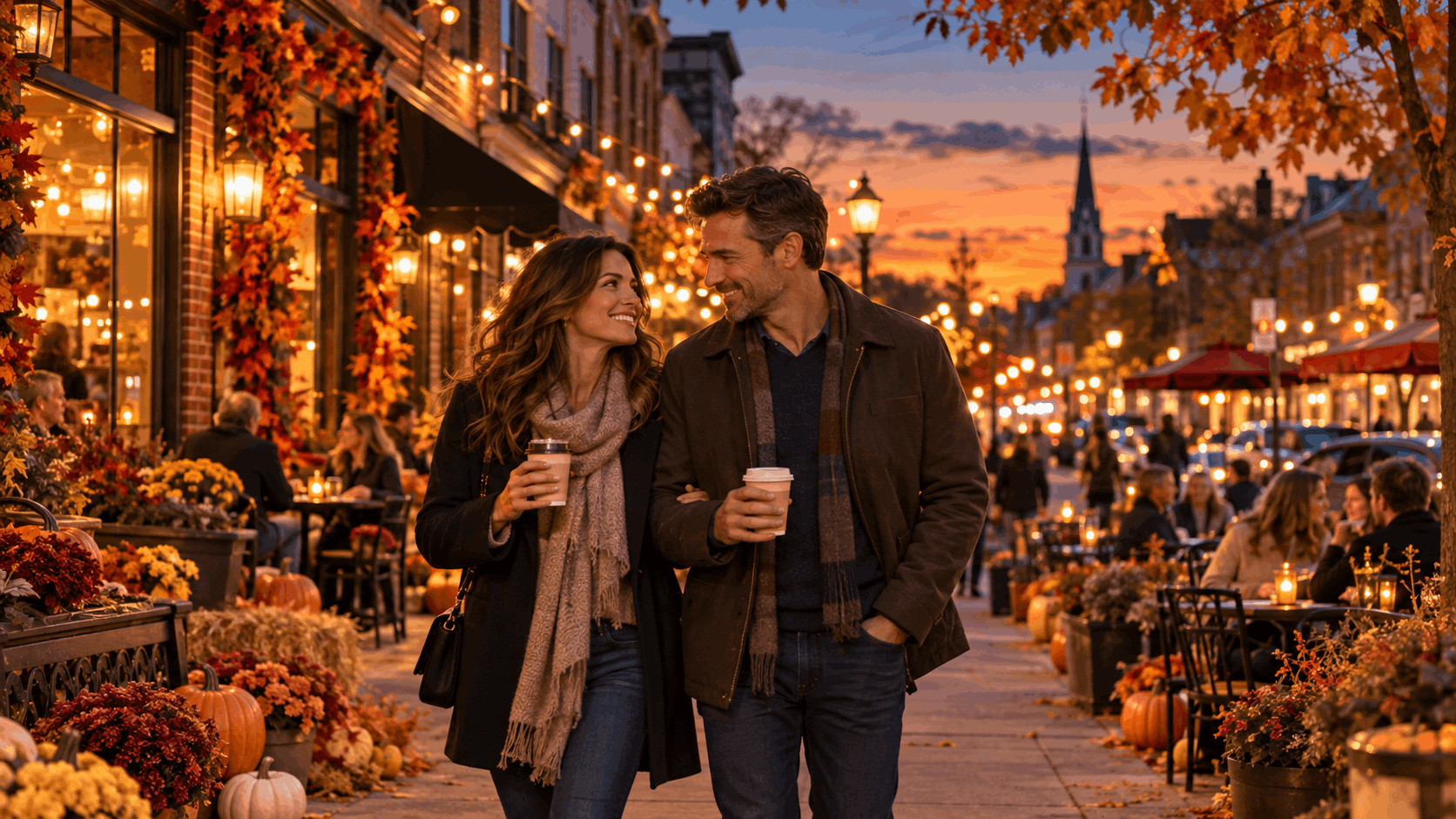 Romantic fall date night in Bergen County, NJ, featuring a couple strolling through a charming downtown with warm drinks, glowing string lights, outdoor cafes, pumpkins, and colorful autumn foliage at sunset.