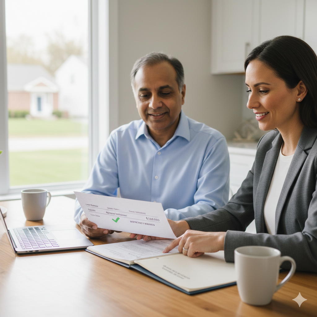 Homeowner and real estate agent reviewing a New Jersey short sale approval letter showing deficiency waived and debt settlement while preventing future tax and collection issues.