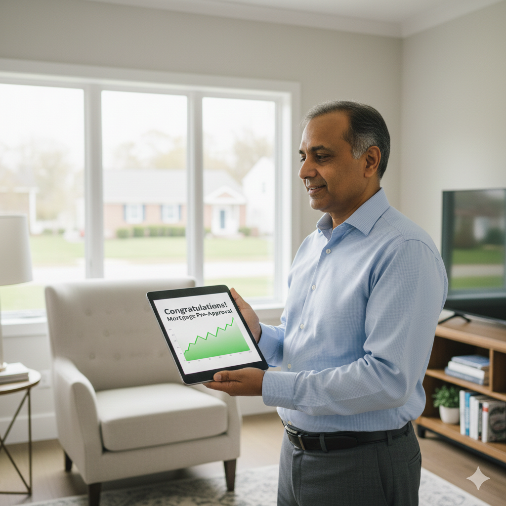 Homeowner in Passaic County NJ holding a tablet showing mortgage pre approval and rising credit score, illustrating how a short sale helps credit recovery and future home buying compared to foreclosure.