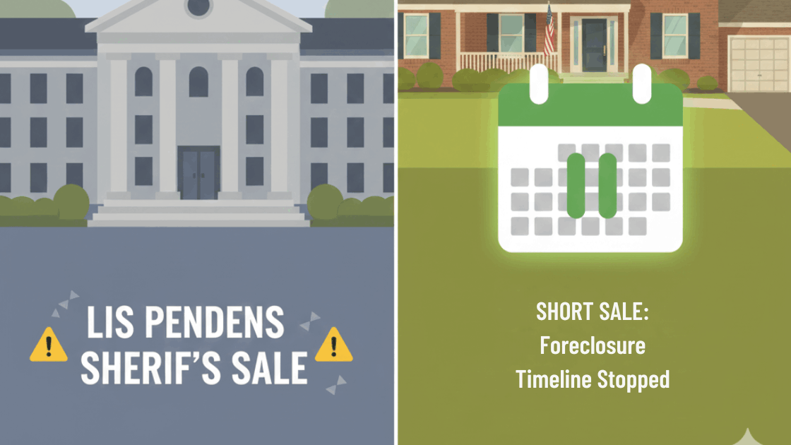 Split image showing Lis Pendens and sheriff’s sale on one side and a Passaic County short sale timeline paused on the other, illustrating how a short sale can stop foreclosure in New Jersey.