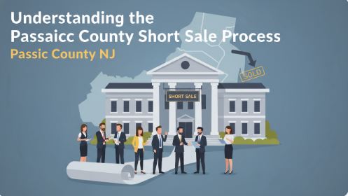 Illustration showing the Passaic County short sale process in New Jersey with homeowners and real estate professionals in front of a courthouse representing lender approval and foreclosure avoidance.