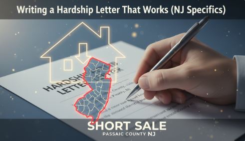 Hand writing a New Jersey short sale hardship letter with a map of NJ highlighted, showing how Passaic County homeowners document financial hardship for lender approval.