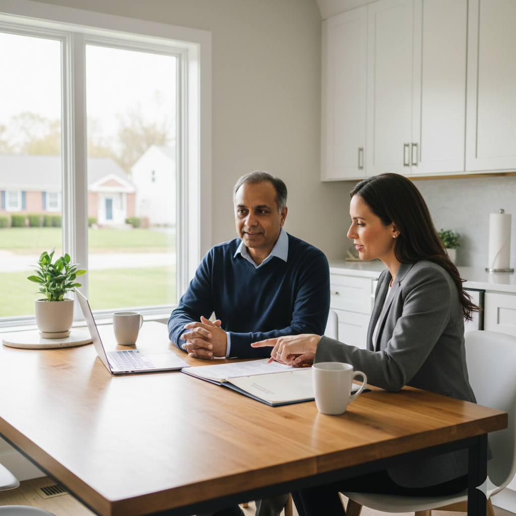 Homeowner meeting with a real estate agent in a Passaic County kitchen reviewing short sale documents and lender negotiation details to avoid foreclosure in New Jersey.