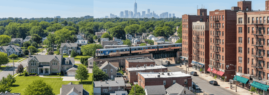 Aerial view of Passaic County, New Jersey showing suburban homes, an NJ Transit train, urban apartment buildings, and the New York City skyline in the distance, illustrating the diverse housing options when buying a home in Passaic County NJ.