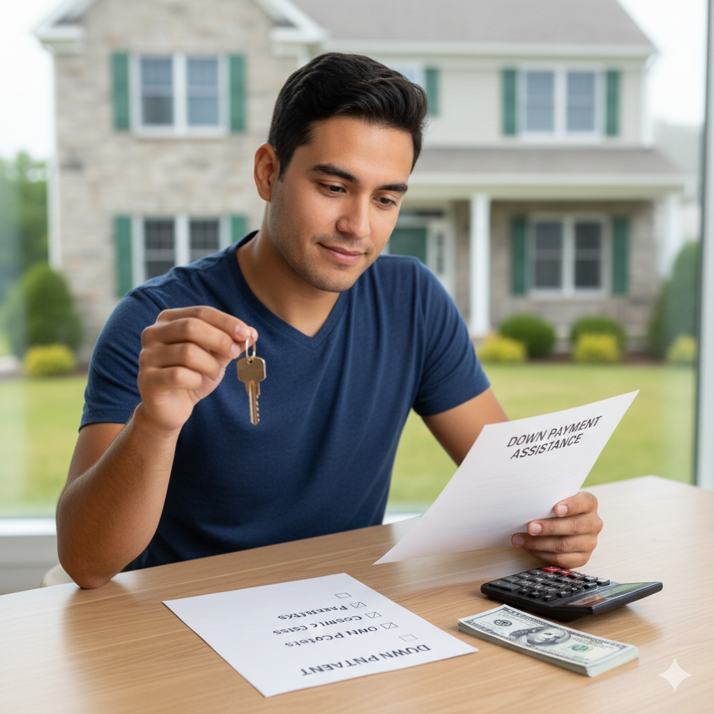 Homebuyer holding house keys and reviewing a down payment assistance document with a calculator and cash on a table in front of a Passaic County home, showing how down payment assistance helps buyers afford a home in Passaic County NJ.
