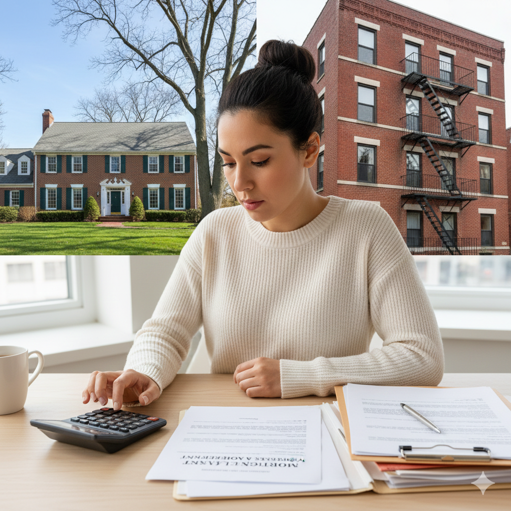 Homebuyer reviewing mortgage and financing paperwork with a calculator, with suburban and multi-family homes in the background, showing how buyers compare mortgage options and home financing in Passaic County NJ.