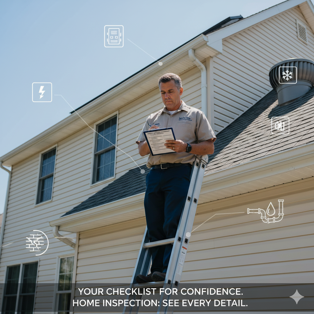 Home inspector on a ladder checking the roof of a Passaic County home while using a detailed inspection checklist, with icons showing roof, electrical, plumbing, and HVAC systems being reviewed before buying a home in Passaic County NJ.