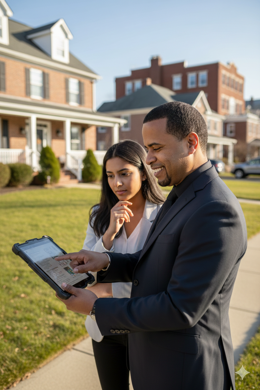 Local North Jersey real estate agent reviewing a home inspection report on a tablet with a buyer outside a Passaic County home, showing how working with a local expert helps buyers understand inspection issues and negotiate confidently in Passaic County NJ.
