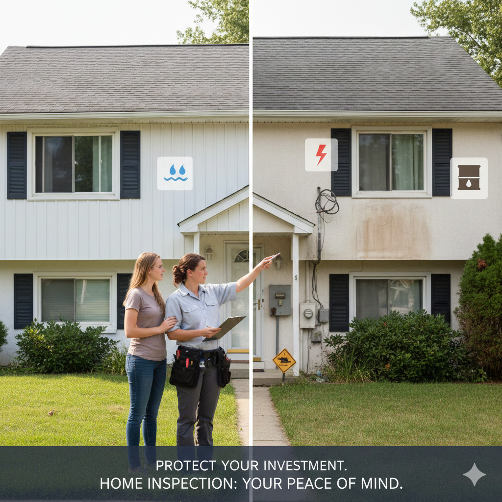 Home inspector reviewing a Passaic County house with a buyer, shown as a split image of a well maintained home and a problem property with water, electrical, and oil tank warning icons, highlighting why a home inspection in Passaic County NJ is critical before buying.