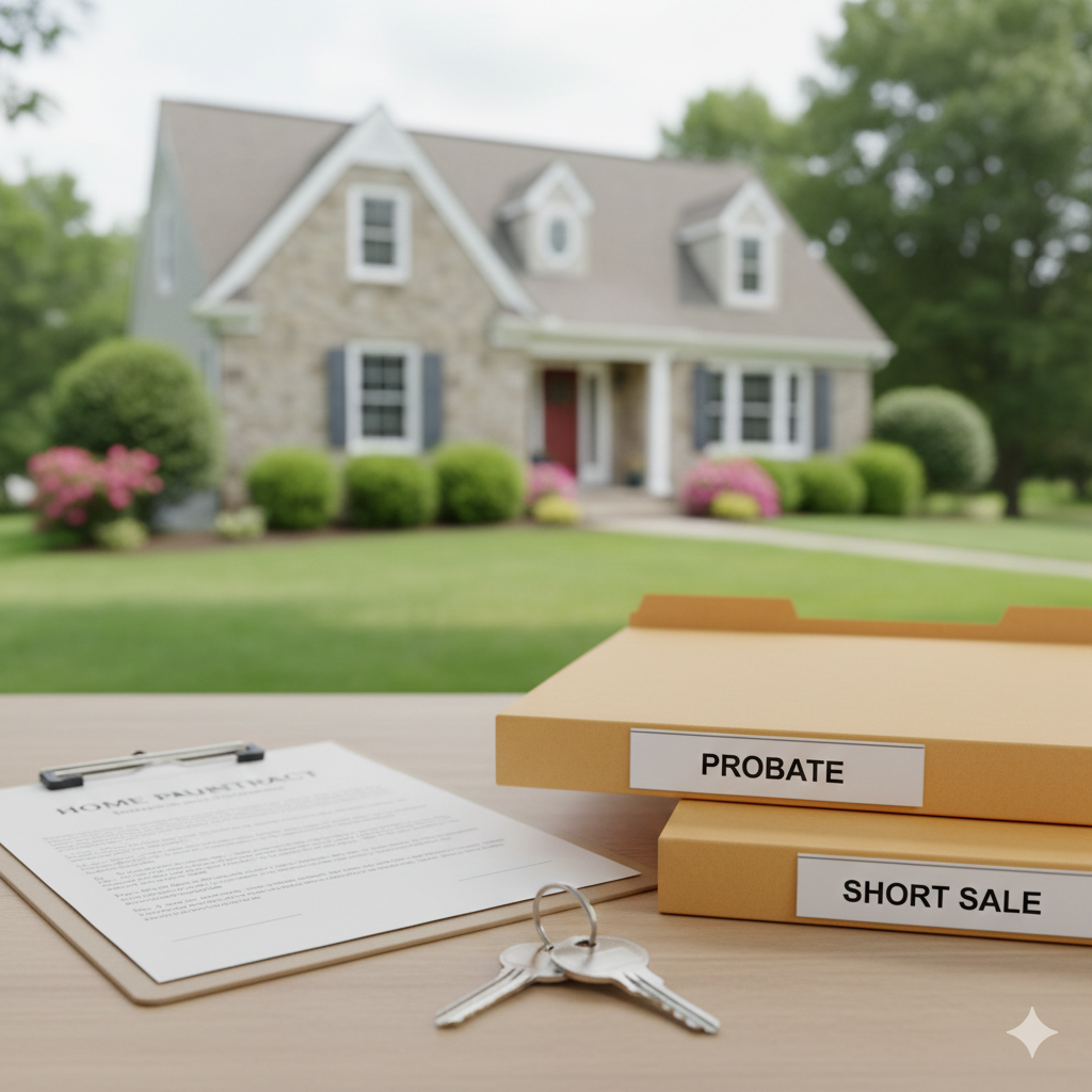 Well maintained home in Passaic County with house keys, a purchase contract, and folders labeled Probate and Short Sale on a table, showing smart buying opportunities for probate and short sale homes in Passaic County NJ.