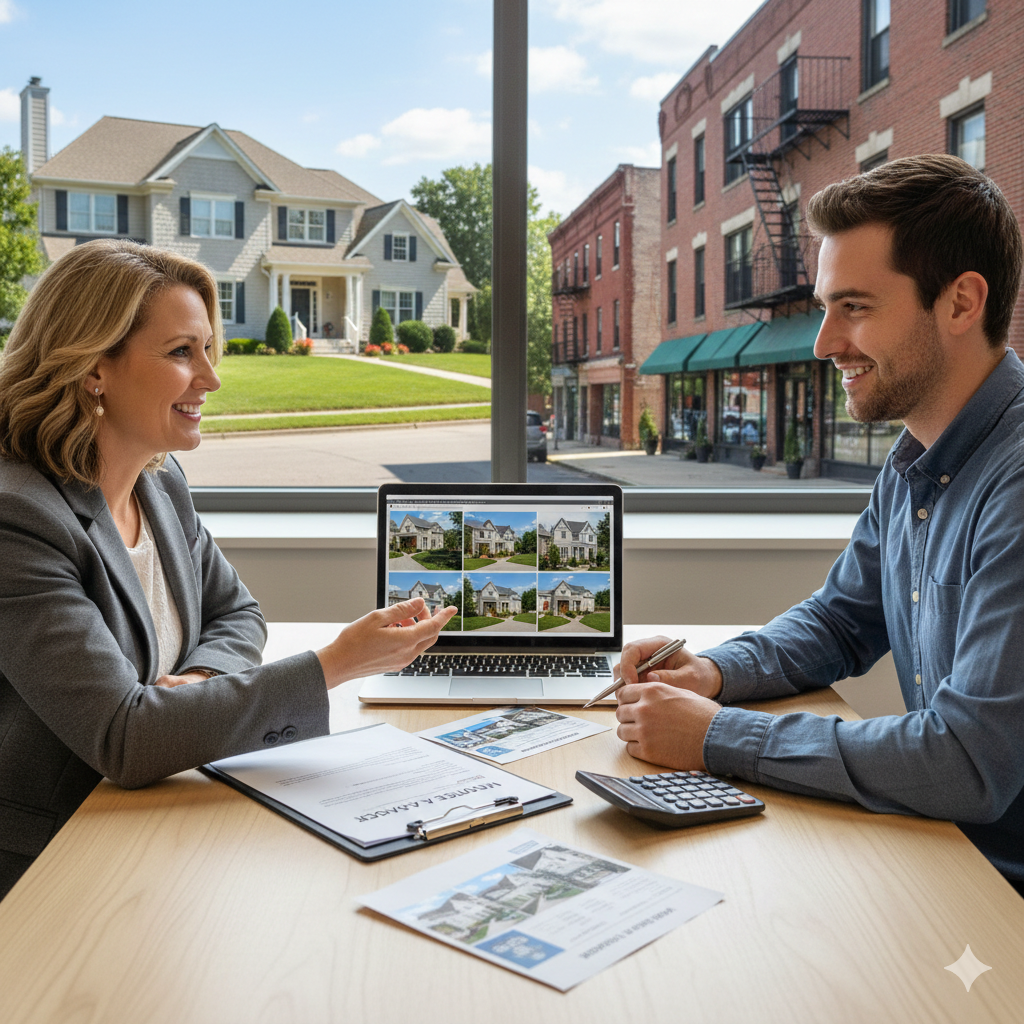 Local real estate agent meeting with a homebuyer to review home listings and financing options, with suburban and urban Passaic County homes visible in the background, showing why working with a local real estate specialist helps buyers in Passaic County NJ.