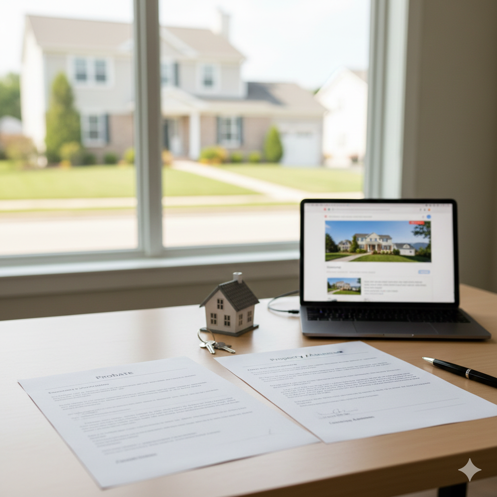 Real estate desk with probate documents, house keys, and a home model showing how a Clifton NJ real estate agent helps sell inherited and probate properties in Passaic County