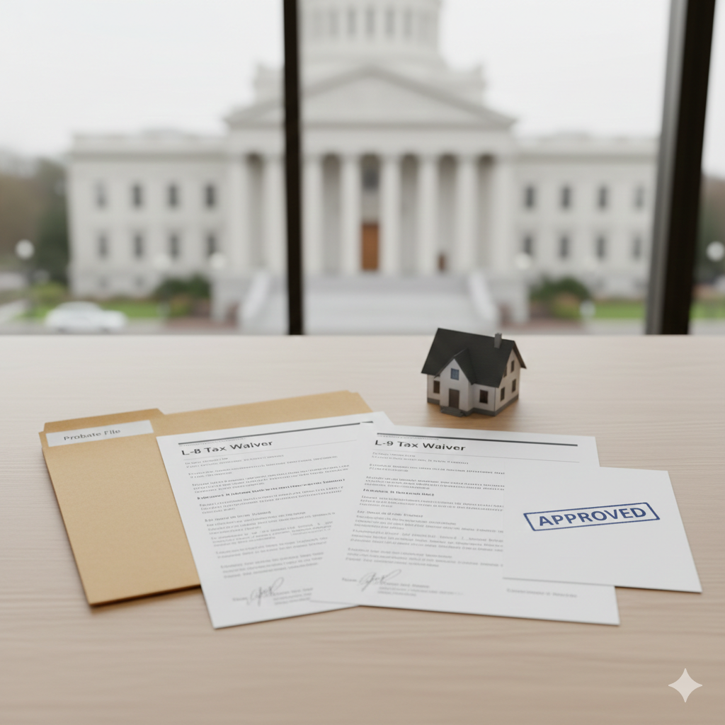 Probate file with L-8 and L-9 inheritance tax waiver forms and an approved stamp showing New Jersey tax clearance required before an inherited home sale in Passaic County NJ