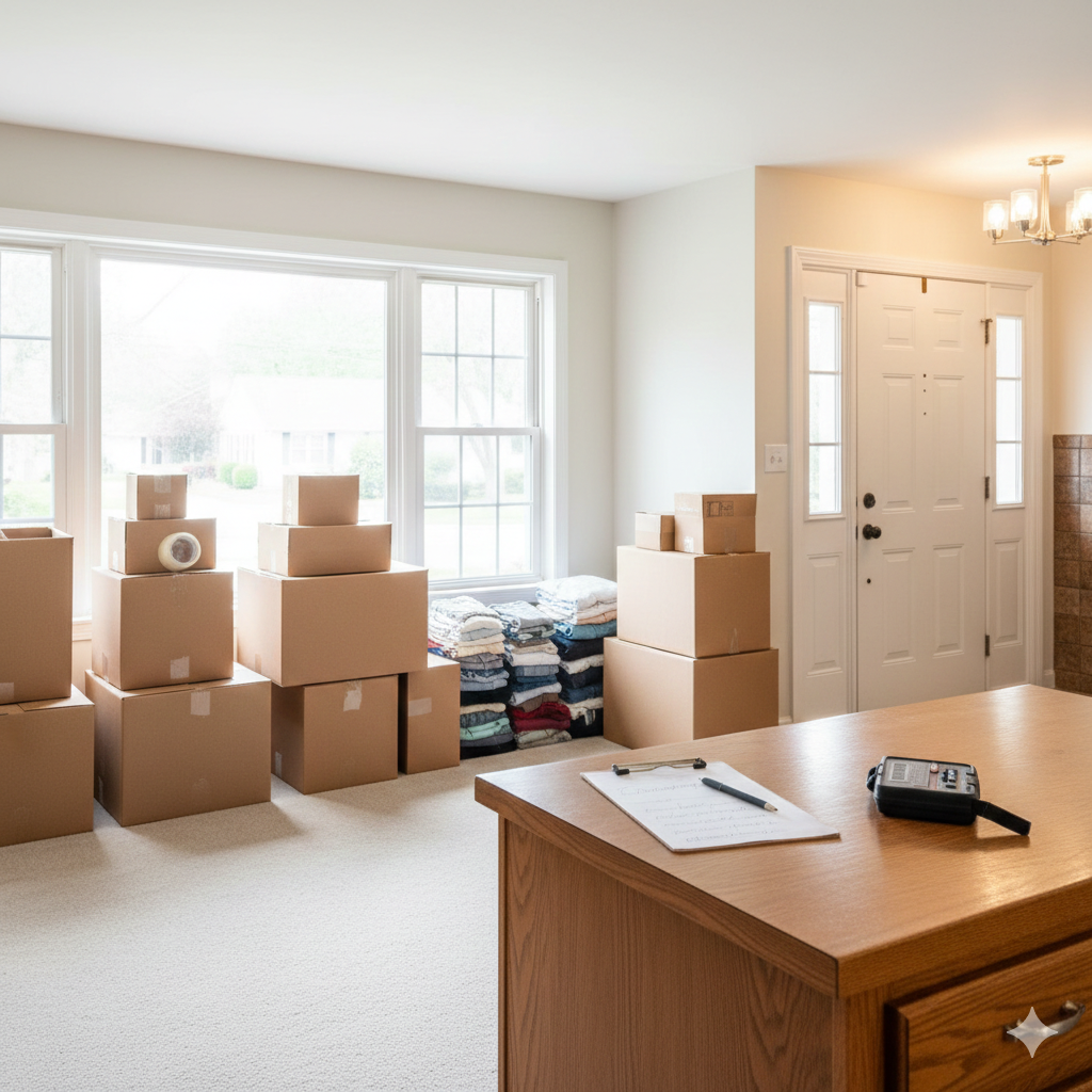 Interior of an inherited Passaic County home being prepared for sale, showing moving boxes, organized belongings, and a home preparation checklist used when selling inherited property through probate.