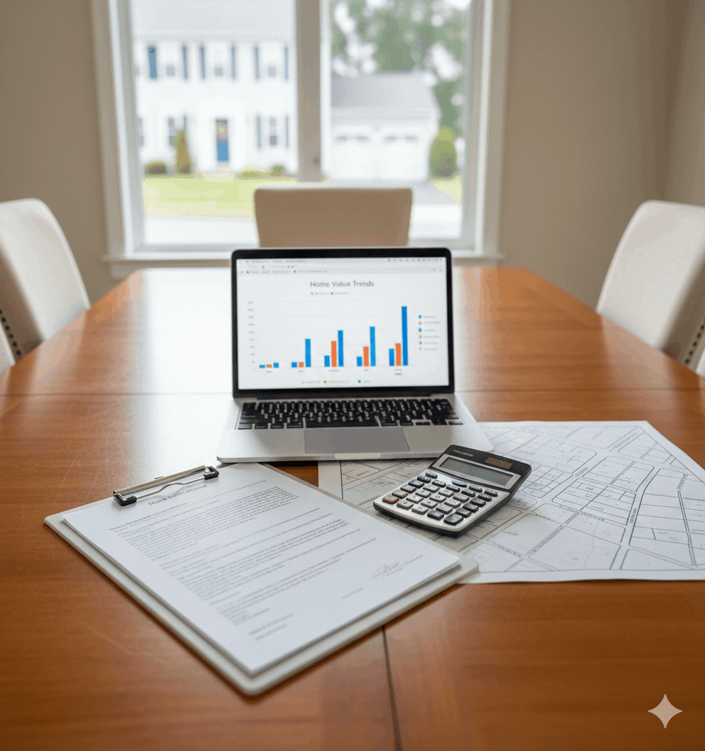 Probate home pricing setup in a Passaic County inherited house, showing a laptop with home value trends, calculator, and valuation documents used when selling inherited property through probate.