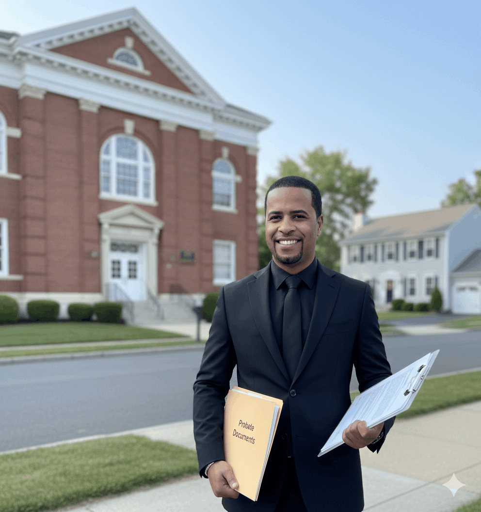 Executor holding probate documents outside a New Jersey Surrogate’s Court building in Passaic County, representing the legal probate process required before selling an inherited home.