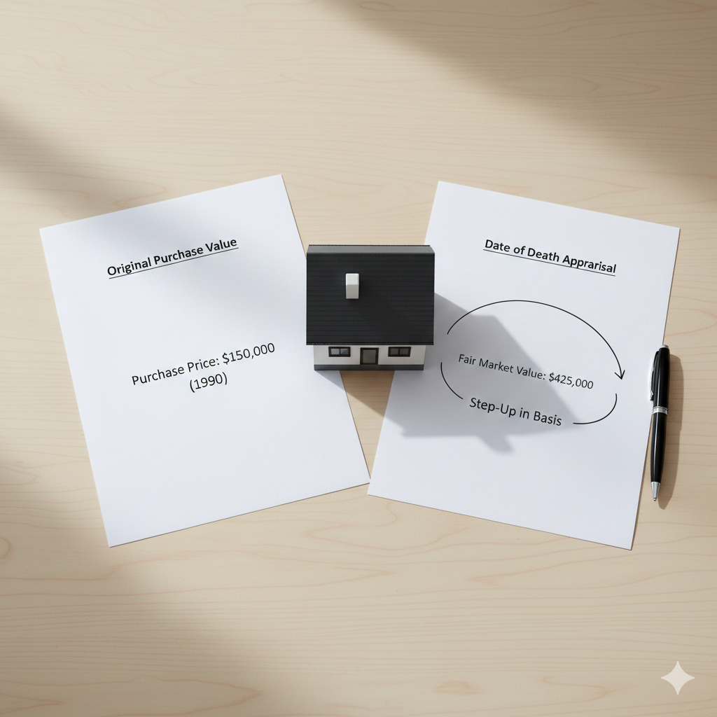 Side-by-side comparison of original purchase value and date of death appraisal showing the step-up in basis for capital gains on an inherited home in Passaic County NJ