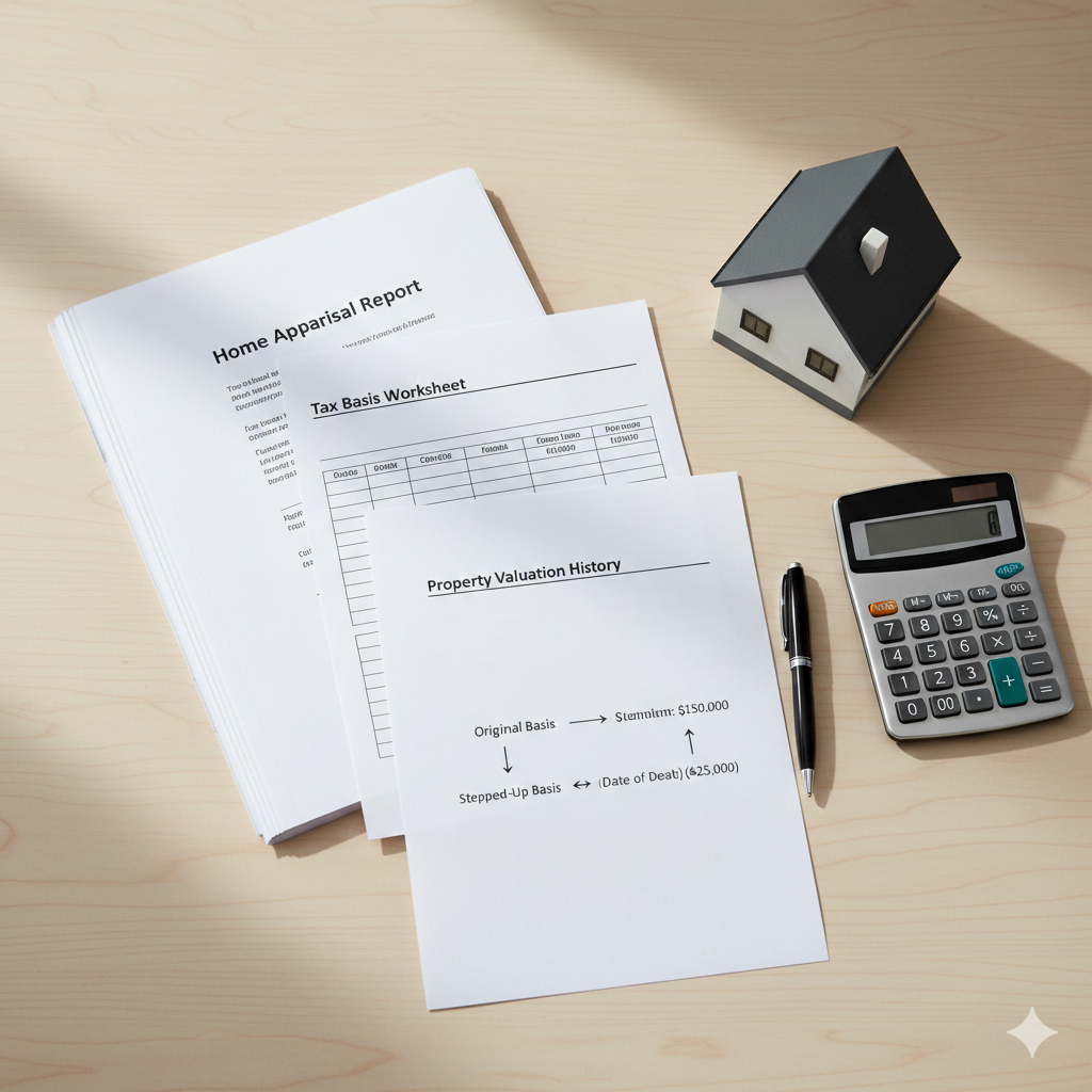 Home appraisal report, tax basis worksheet, and property valuation documents with a calculator and house model showing how inherited property taxes and step-up in basis w