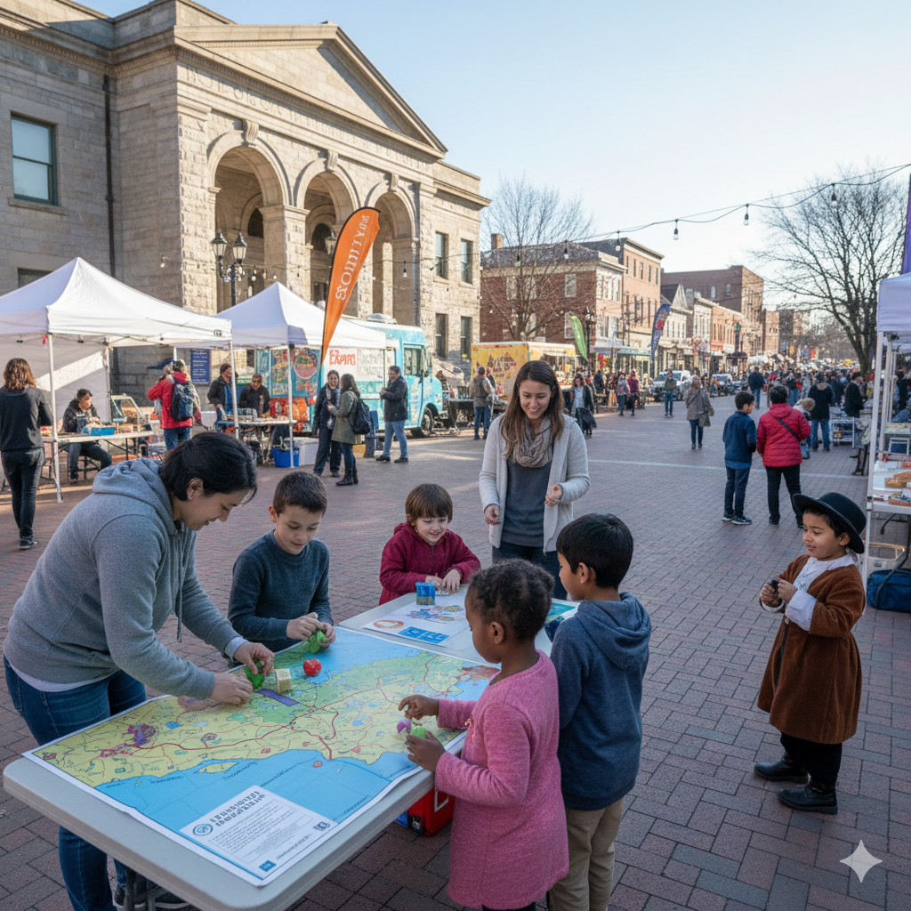 Family activities in Passaic County NJ featuring children and parents enjoying a community festival with educational games, local vendors, and cultural attractions in a downtown setting