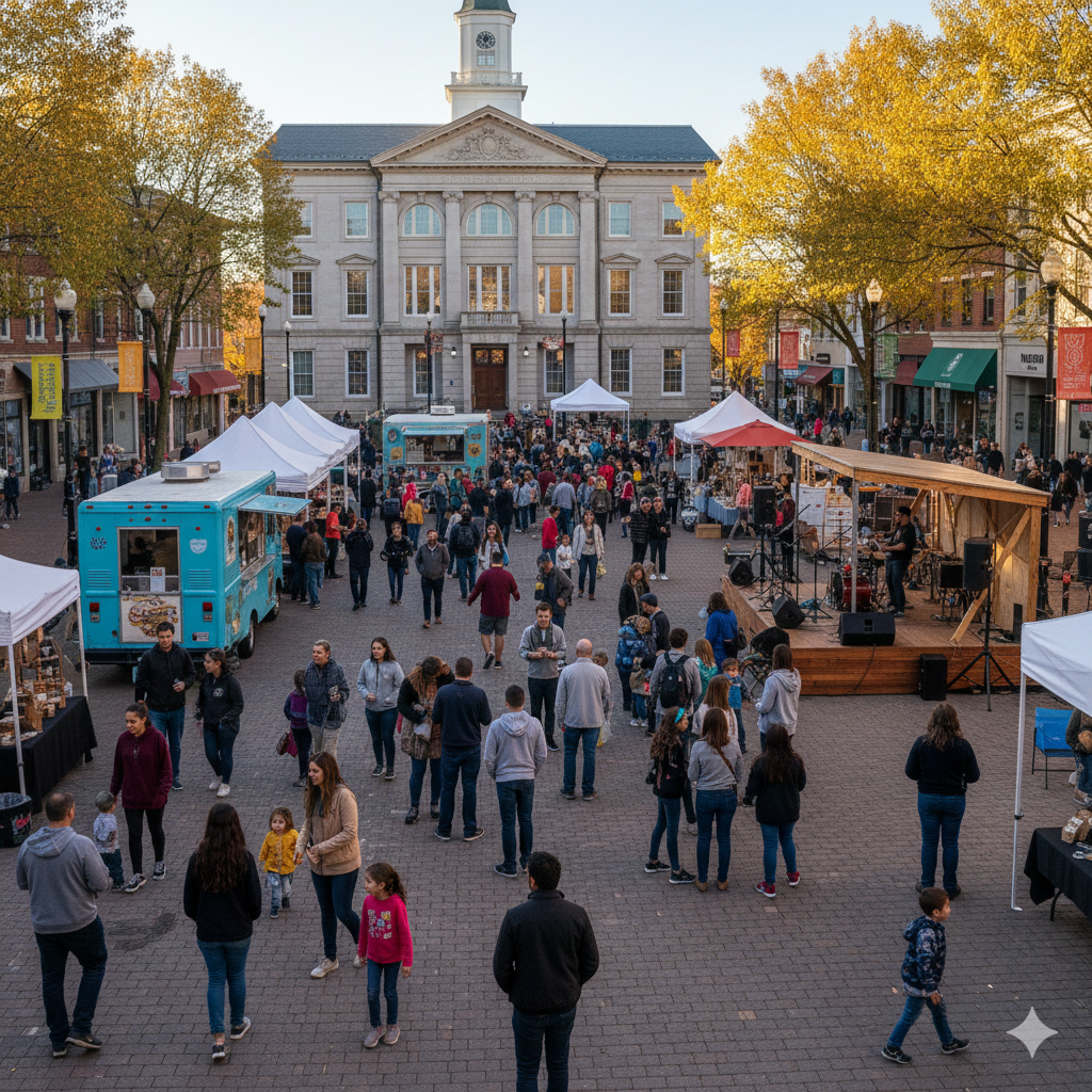 Passaic County events calendar featuring a downtown community festival with vendor tents, food trucks, live music, and families gathering in a walkable North Jersey town square