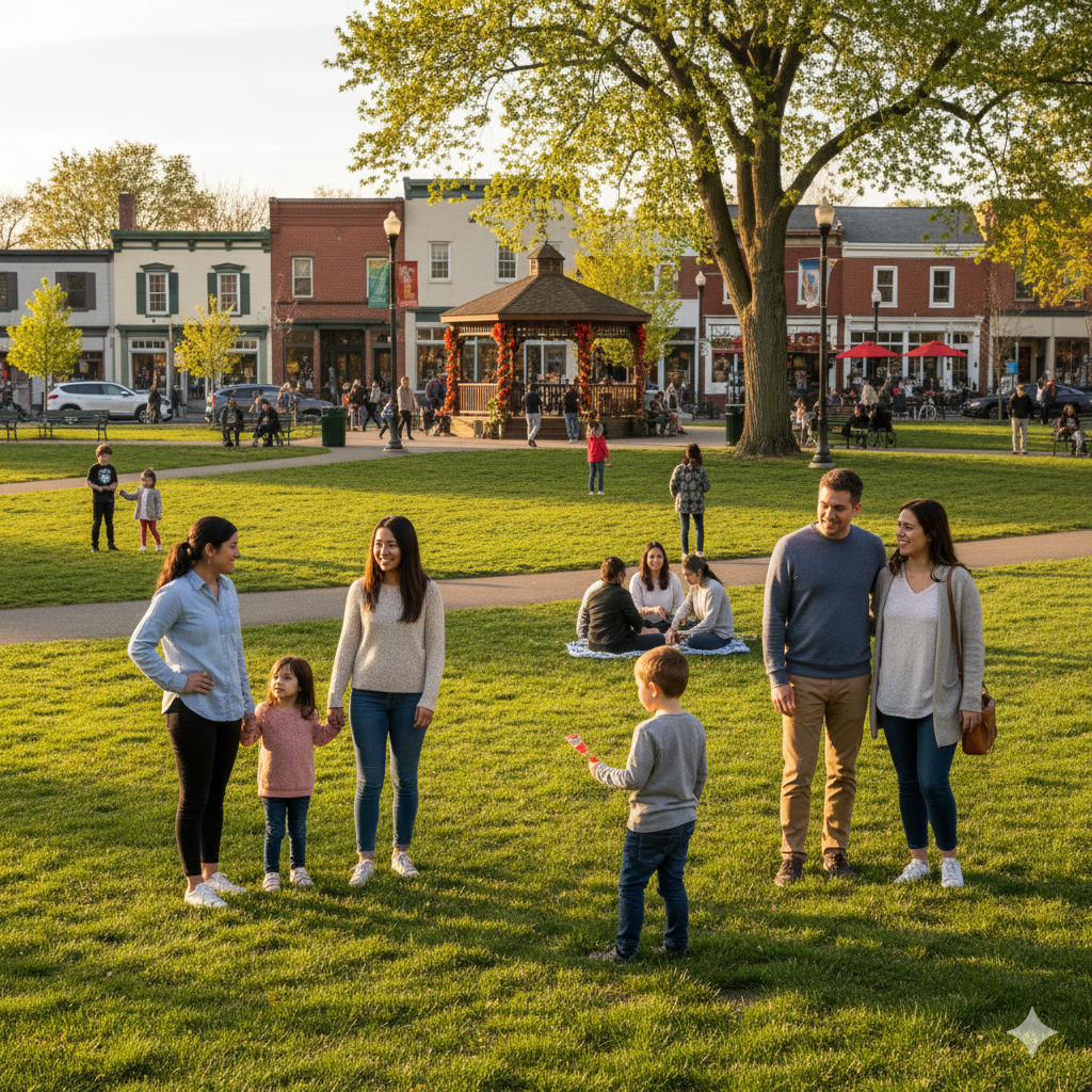 Things to do in Passaic County NJ featuring families enjoying a local park, community green space, and nearby downtown shops during a weekend outing