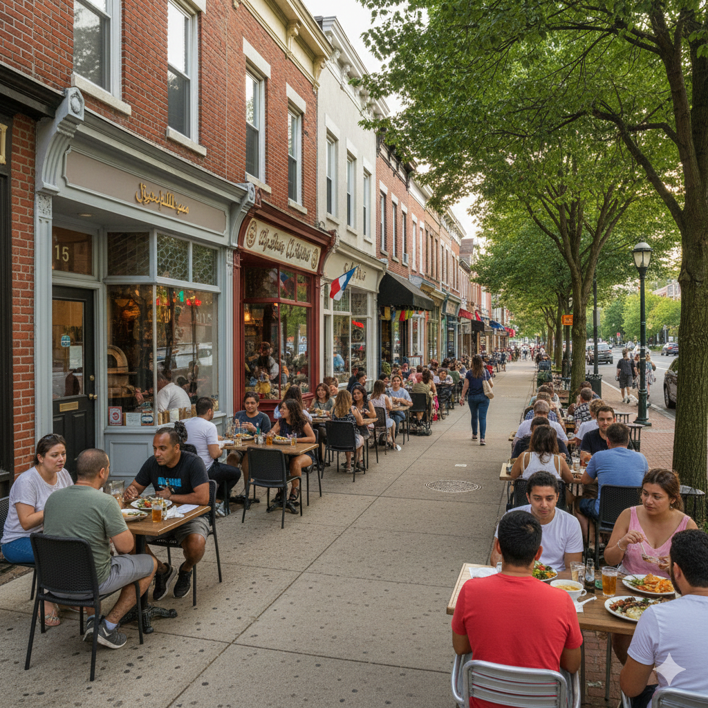 Dining hotspots in Clifton and Paterson NJ with families and friends enjoying outdoor seating at local restaurants along a walkable neighborhood street