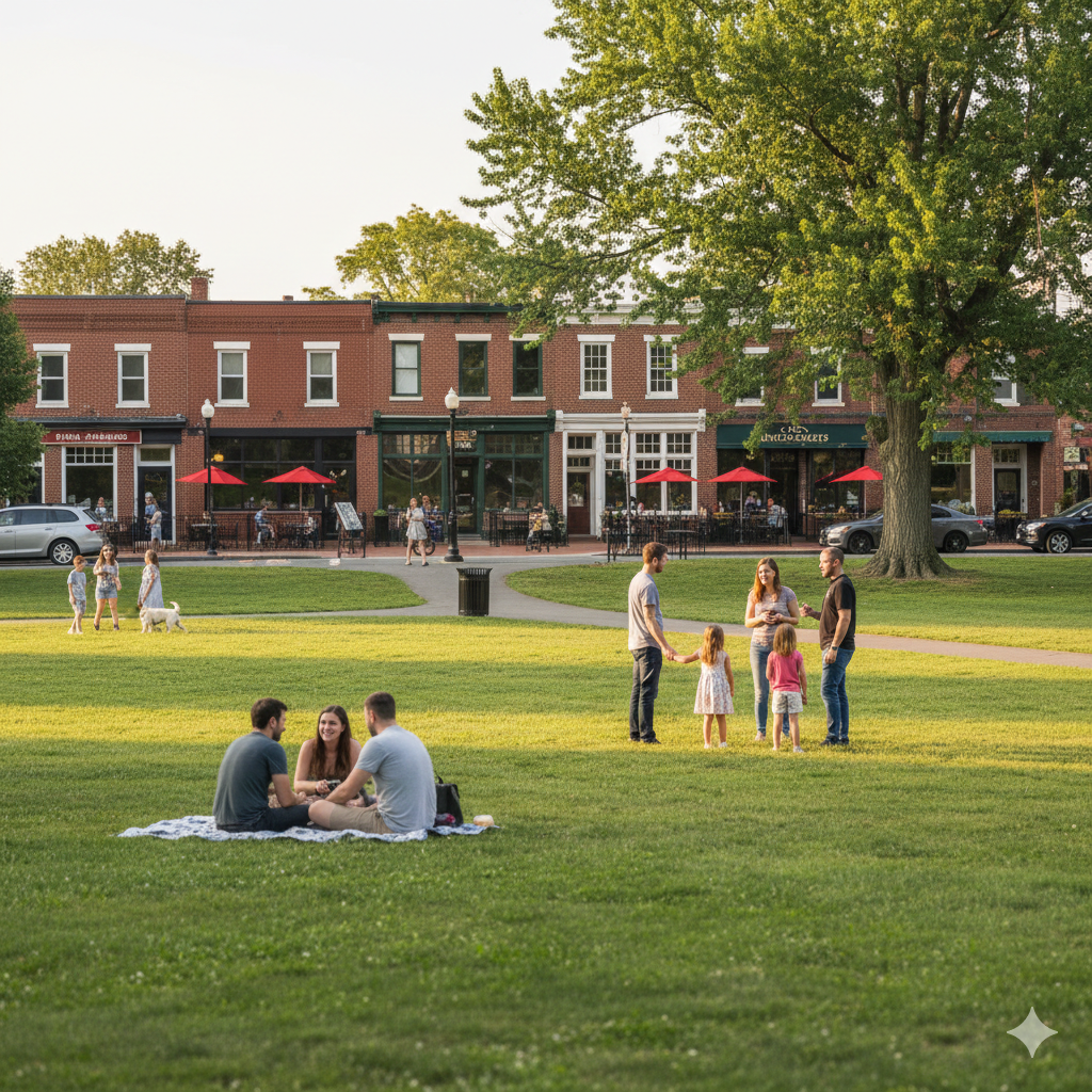 Weekend activities in Passaic County NJ with families relaxing in a local park, people socializing on the grass, and nearby downtown restaurants and cafés creating a walkable community atmosphere