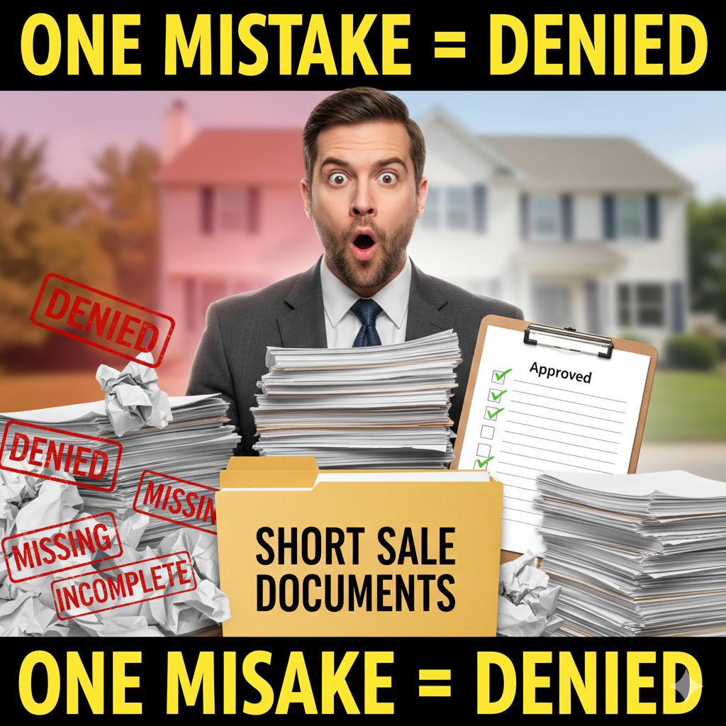 Shocked homeowner surrounded by short sale documents, showing denied and missing paperwork on one side and an approved checklist on the other, illustrating how documentation quality determines short sale approval.