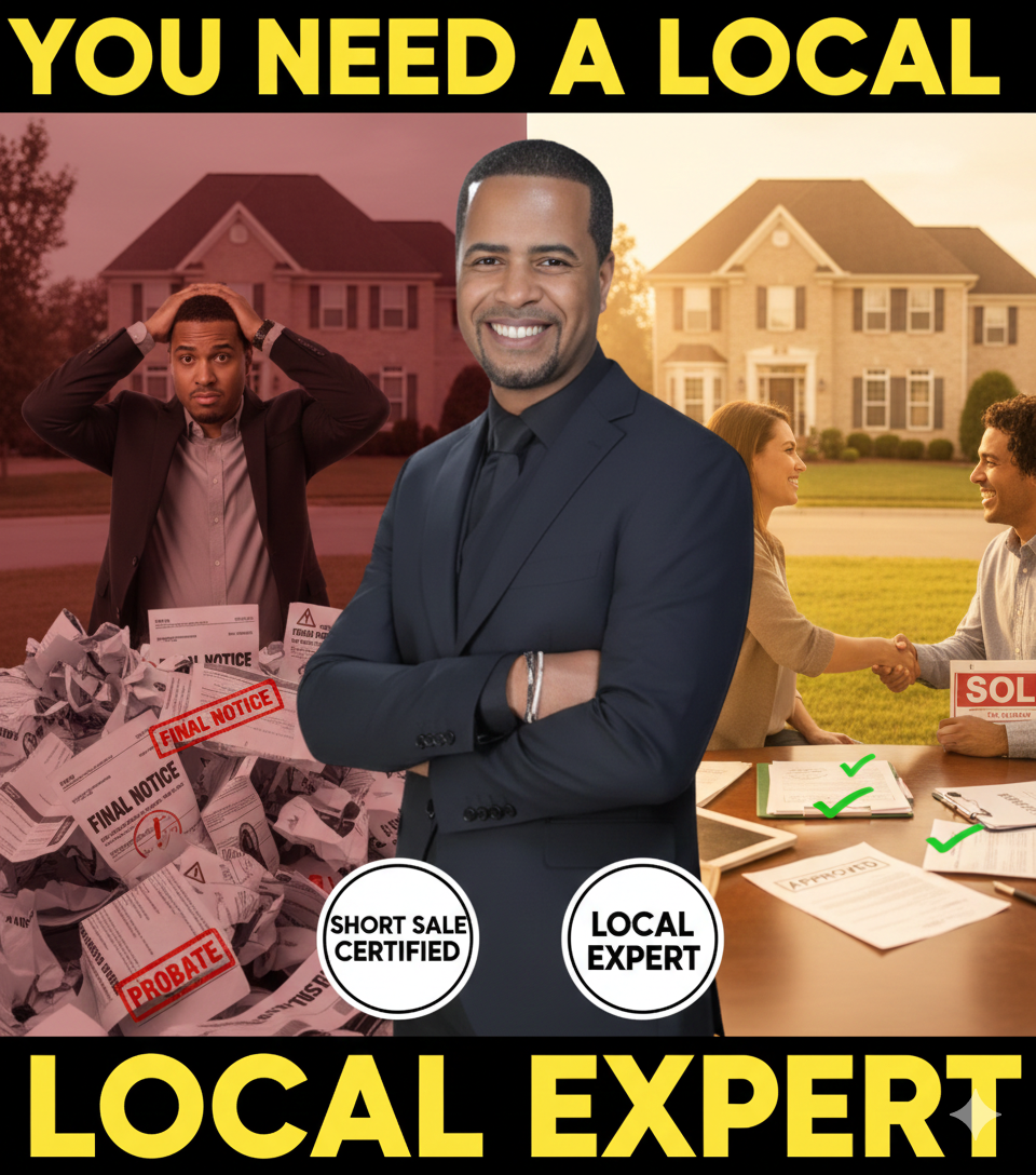 Confident local real estate expert standing between foreclosure stress and a successful home sale, highlighting short sale certification and local expertise to help Bergen County homeowners navigate complex transactions.