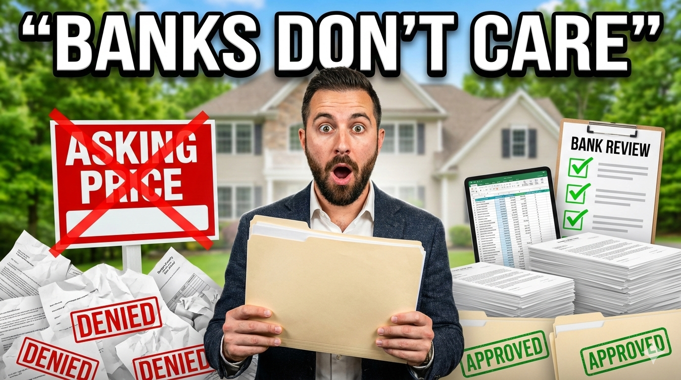 Surprised homeowner holding a file in front of a Bergen County home, with denied paperwork and crossed-out asking price on one side and approved bank review documents on the other, showing how lenders evaluate short sales.