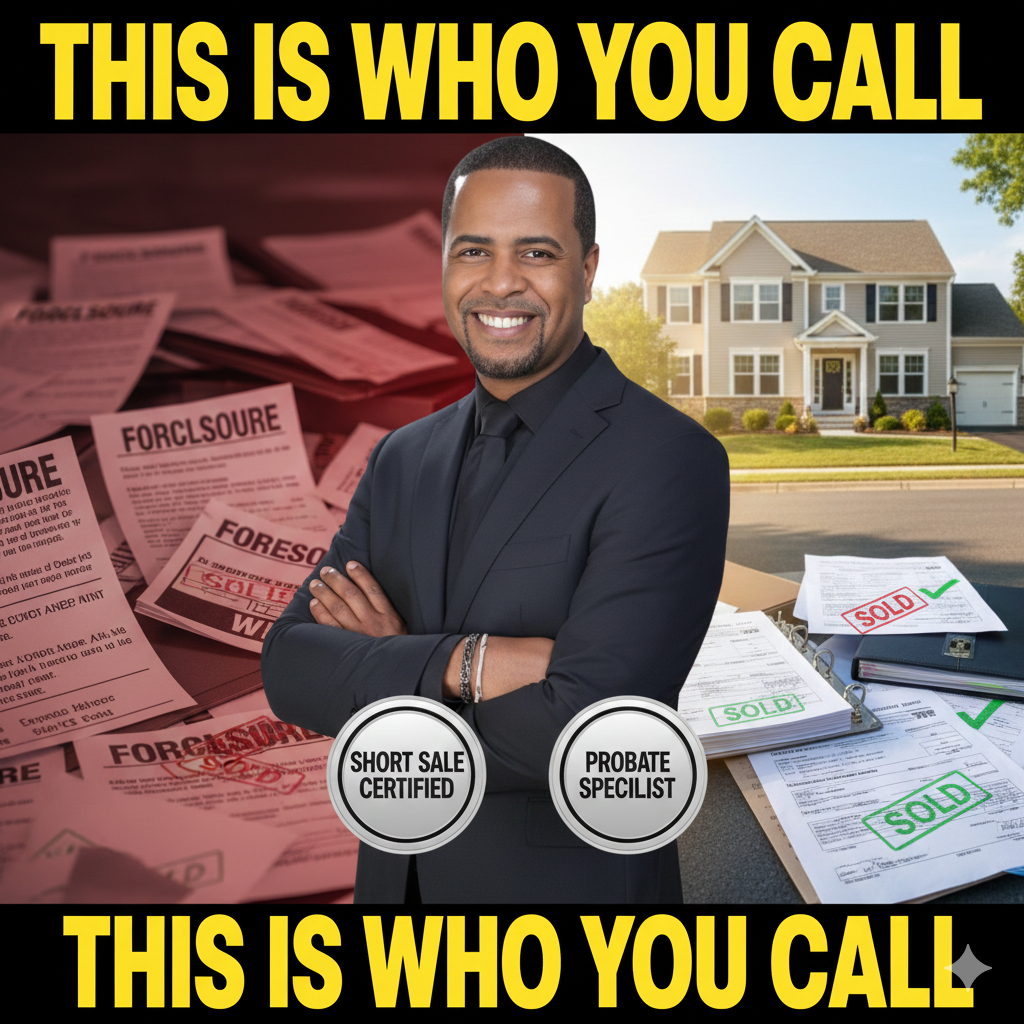Confident real estate professional in Clifton and Bergen County standing between foreclosure paperwork and a sold home, highlighting short sale certification and probate expertise for homeowners needing trusted guidance.