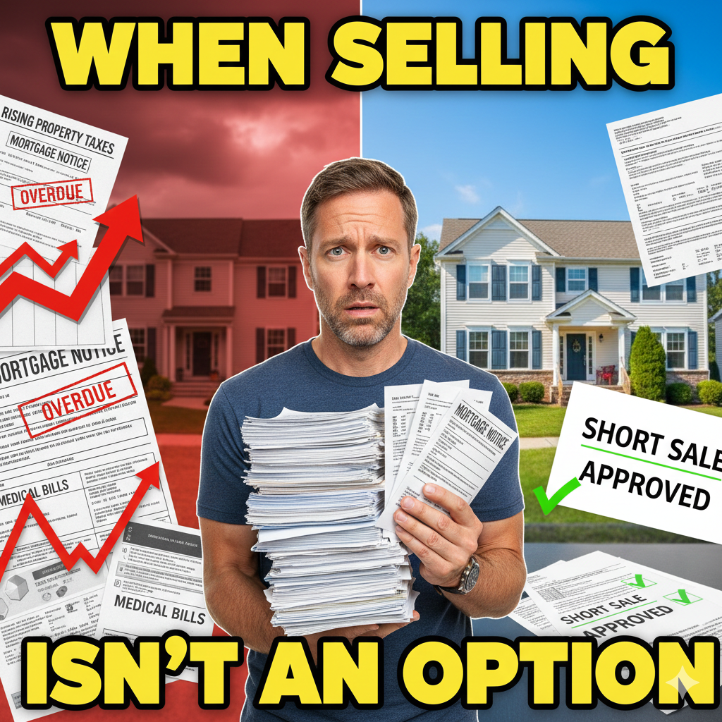 Stressed Bergen County homeowner holding a stack of bills, with overdue mortgage notices and rising costs on one side and a short sale approved document on the other, showing when selling a home is no longer an option.