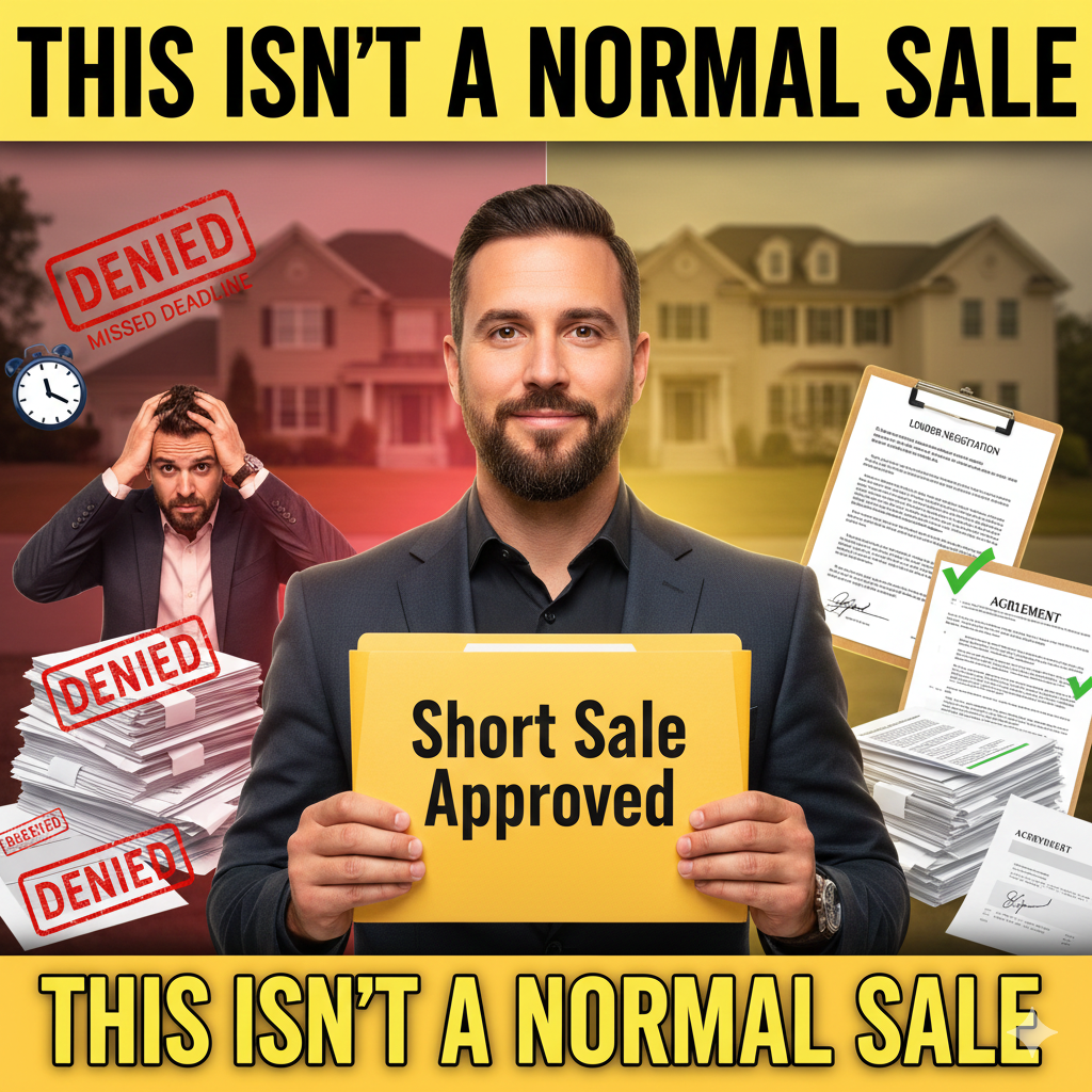 Experienced short sale agent holding a “Short Sale Approved” folder, contrasted against denied paperwork and missed deadlines, illustrating why short sales require expert negotiation and are not a normal home sale.