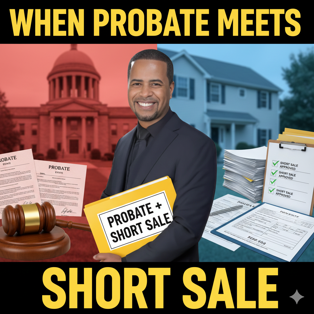 Real estate professional holding a “Probate + Short Sale” folder, with courthouse and probate documents on one side and approved short sale paperwork on the other, showing how probate and lender negotiations intersect in estate property sales.