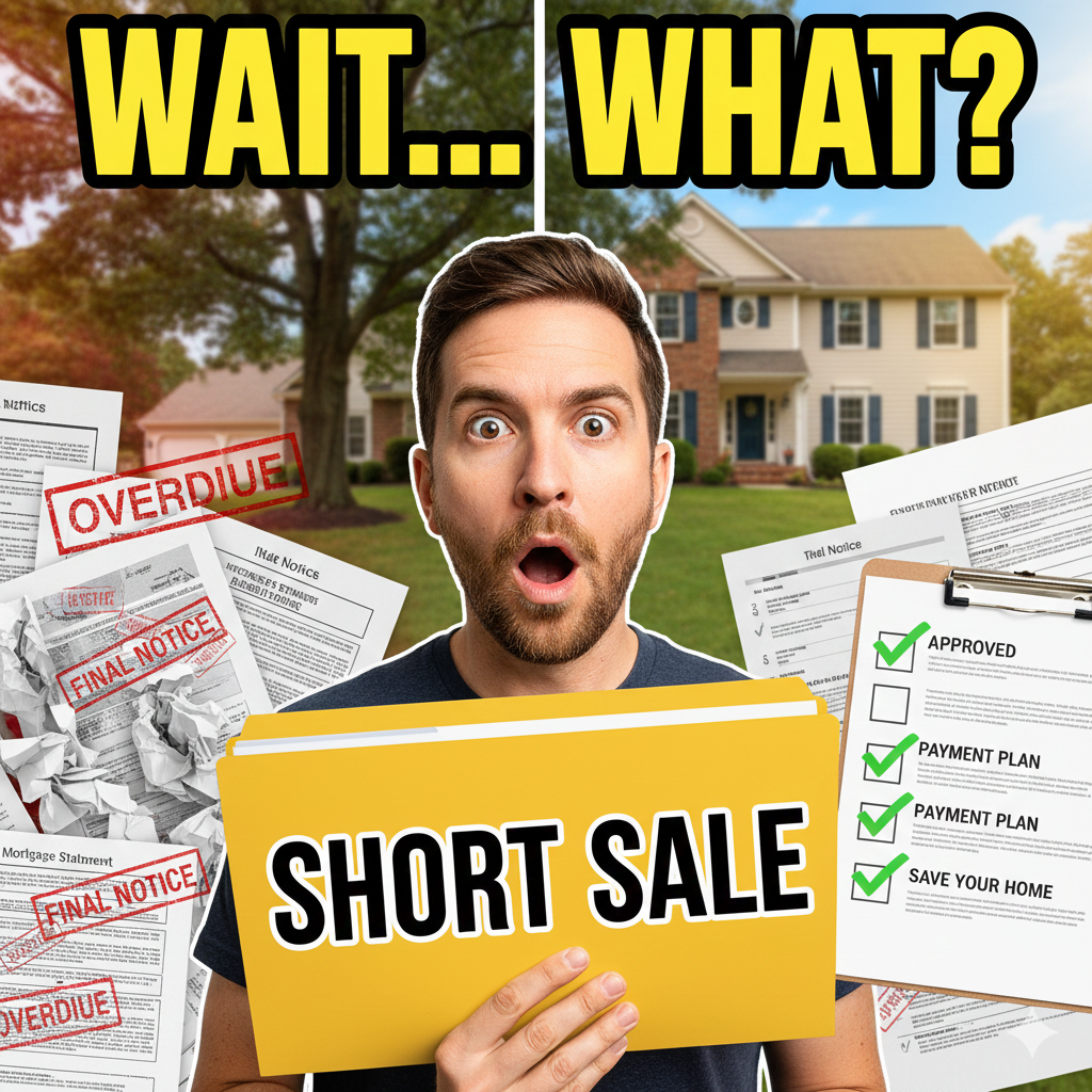 Surprised homeowner holding a short sale folder in front of a Bergen County NJ home, showing foreclosure notices on one side and approved short sale checklist on the other, explaining the short sale process to avoid foreclosure.