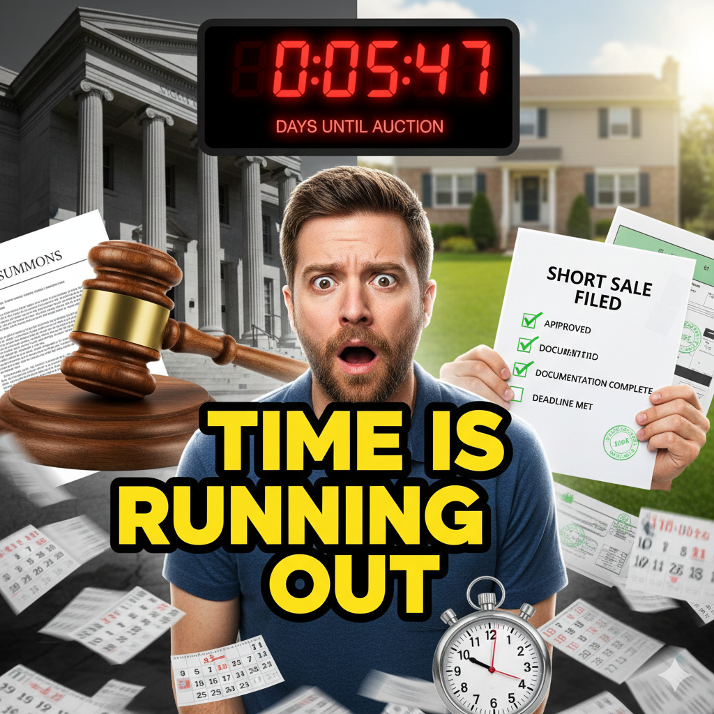 Worried New Jersey homeowner holding an approved short sale document as a countdown timer shows days until auction, illustrating the NJ foreclosure timeline and the urgency to act early to avoid foreclosure.