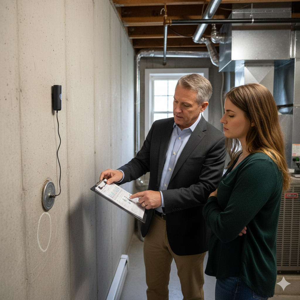 Radon testing during a home inspection in Bergen County NJ, with an inspector reviewing radon levels and explaining environmental findings to a buyer in a basement utility area.