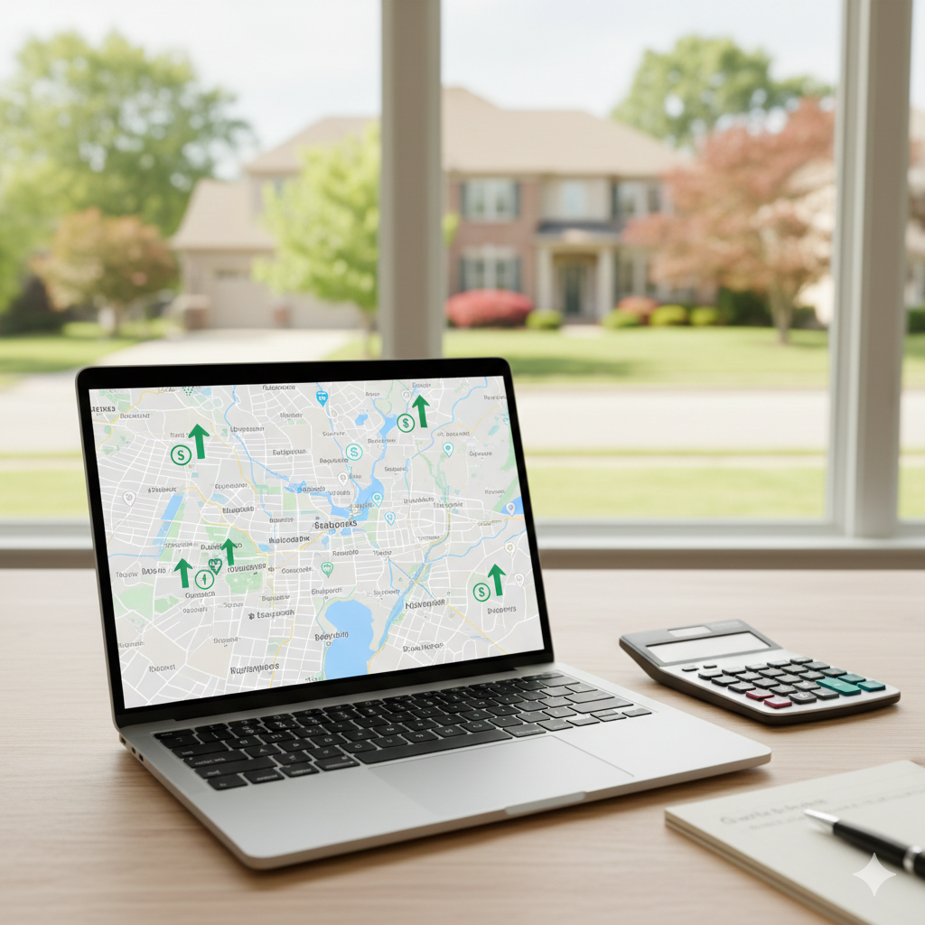 Navigating the Bergen County NJ housing market with a laptop displaying local market trends, price indicators, and financing tools, showing how buyers make informed home financing decisions.