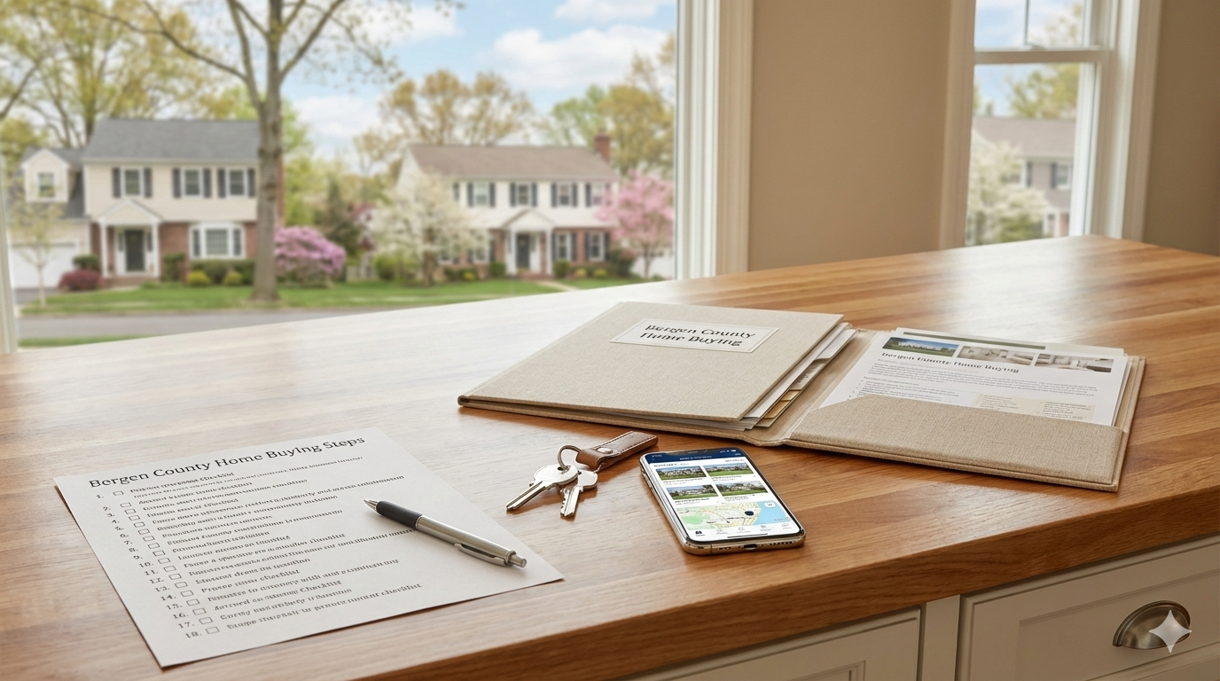 Step-by-step guide to buying a home in Bergen County NJ shown with a home buying checklist, house keys, real estate listings on a smartphone, and suburban North Jersey homes in the background.