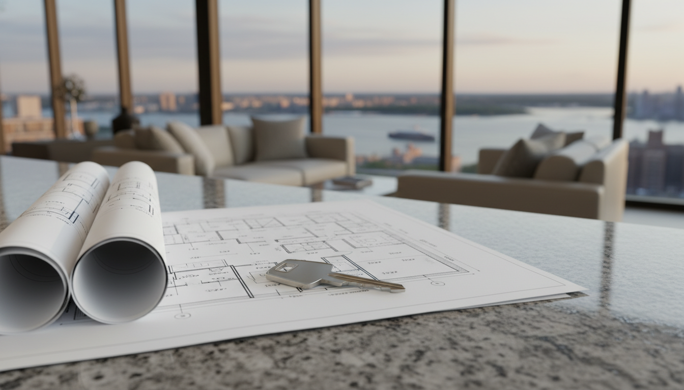 Buying a home in Bergen County NJ concept with house keys and architectural floor plans on a modern table overlooking a North Jersey skyline.