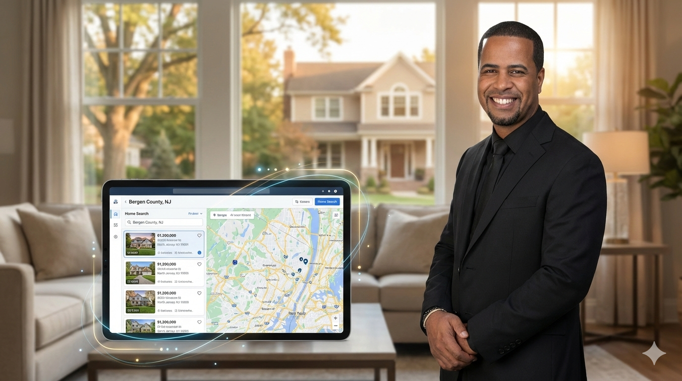 AI-powered home search in Bergen County NJ showing real estate listings on a tablet with a trusted local real estate expert guiding buyers in a North Jersey home setting.