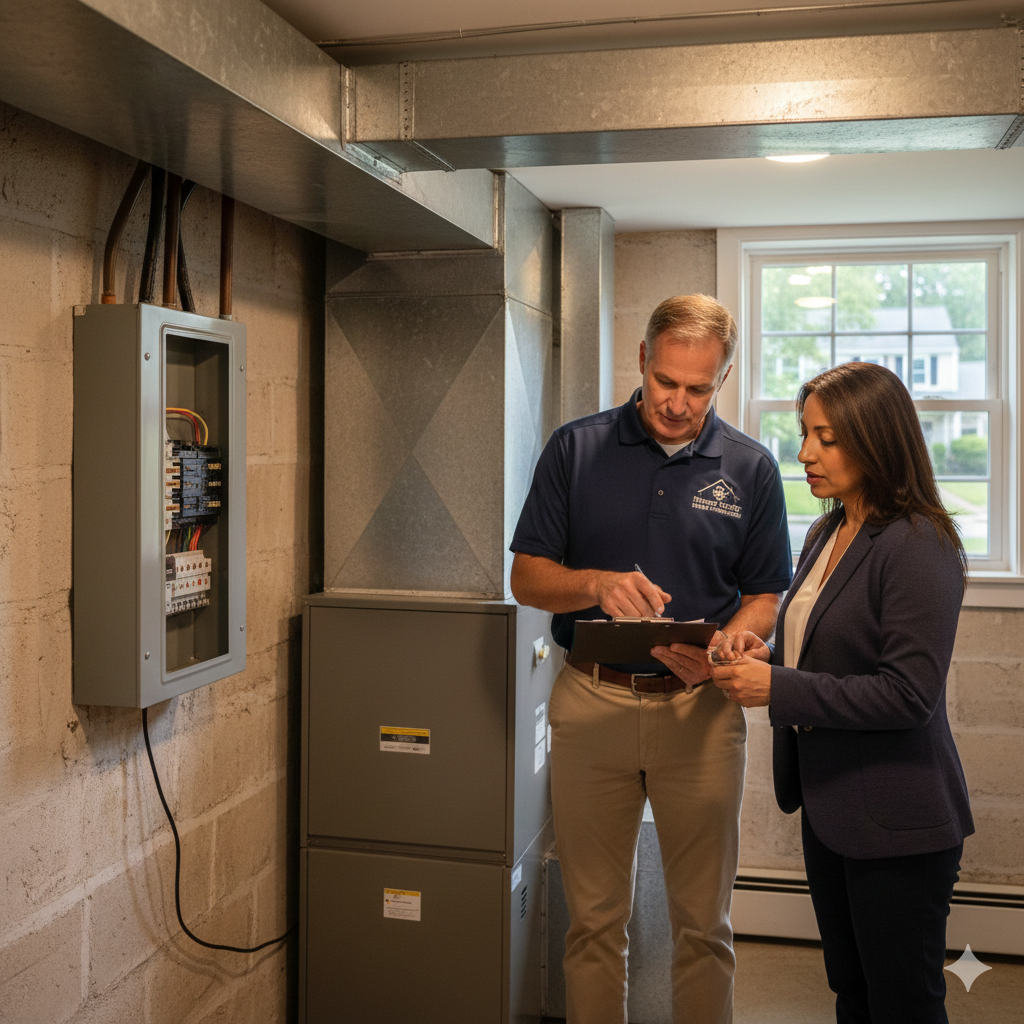 Home inspection in Bergen County NJ showing an inspector reviewing HVAC and electrical systems with a buyer, highlighting common home issues found in older North Jersey homes.