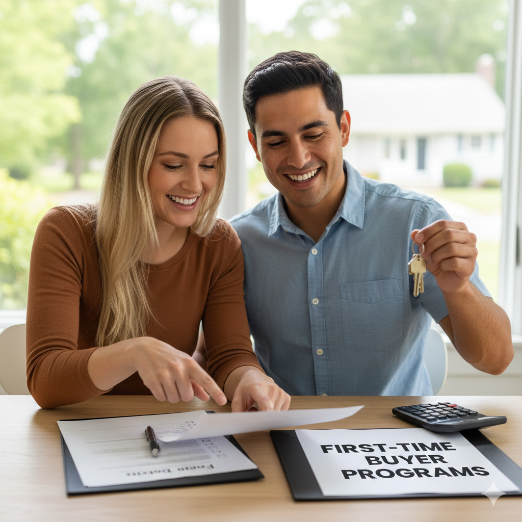 First-time home buyers in Bergen County NJ reviewing buyer assistance programs with house keys, paperwork, and guidance to help reduce down payment and closing costs.