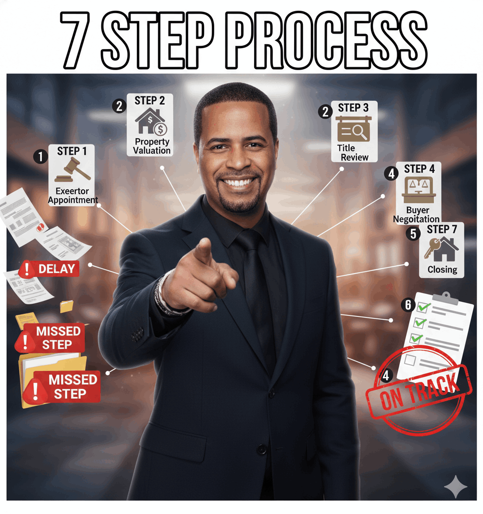 Step-by-step estate sale process in Bergen County showing the seven required probate real estate steps from executor appointment to closing.