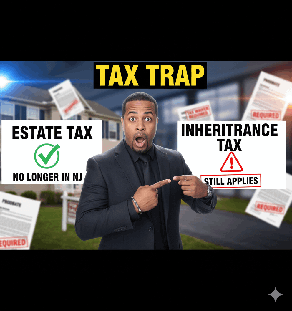 Executor reacting to New Jersey inheritance tax warning while comparing estate tax and inheritance tax during a Bergen County inherited property sale.